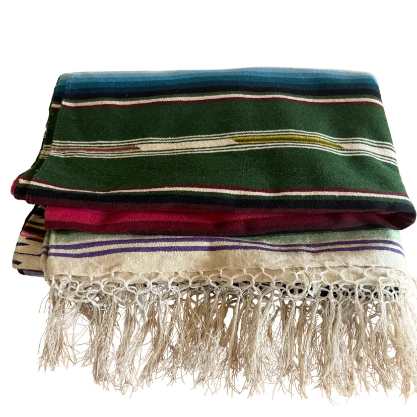 Vintage Wool Mexican Saltillo Serape Striped Blanket Fringe 81.5" x 46.75"