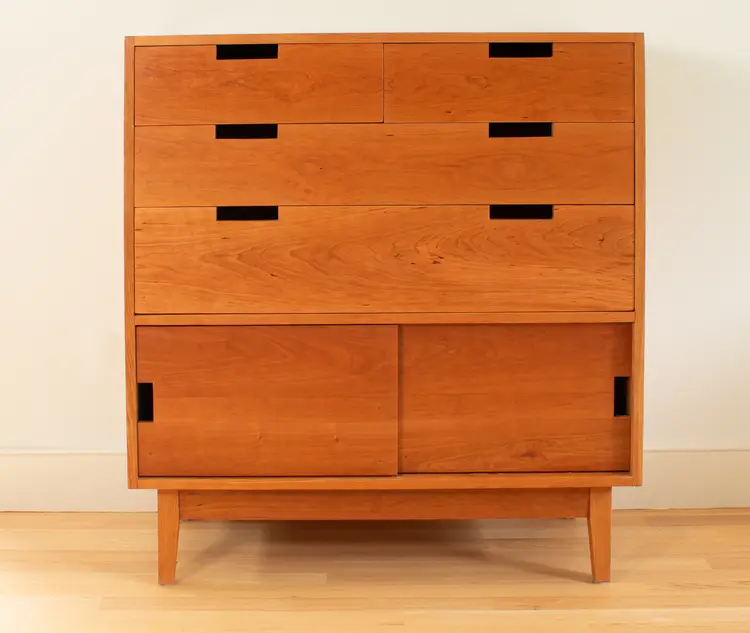 MID CENTURY MODERN DRESSER WITH DRAWERS & SLIDING DOORS