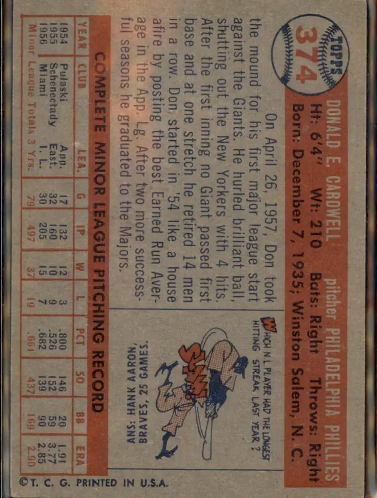 1957 Topps #374 Don Cardwell - (pk1) - Philadelphia Phillies