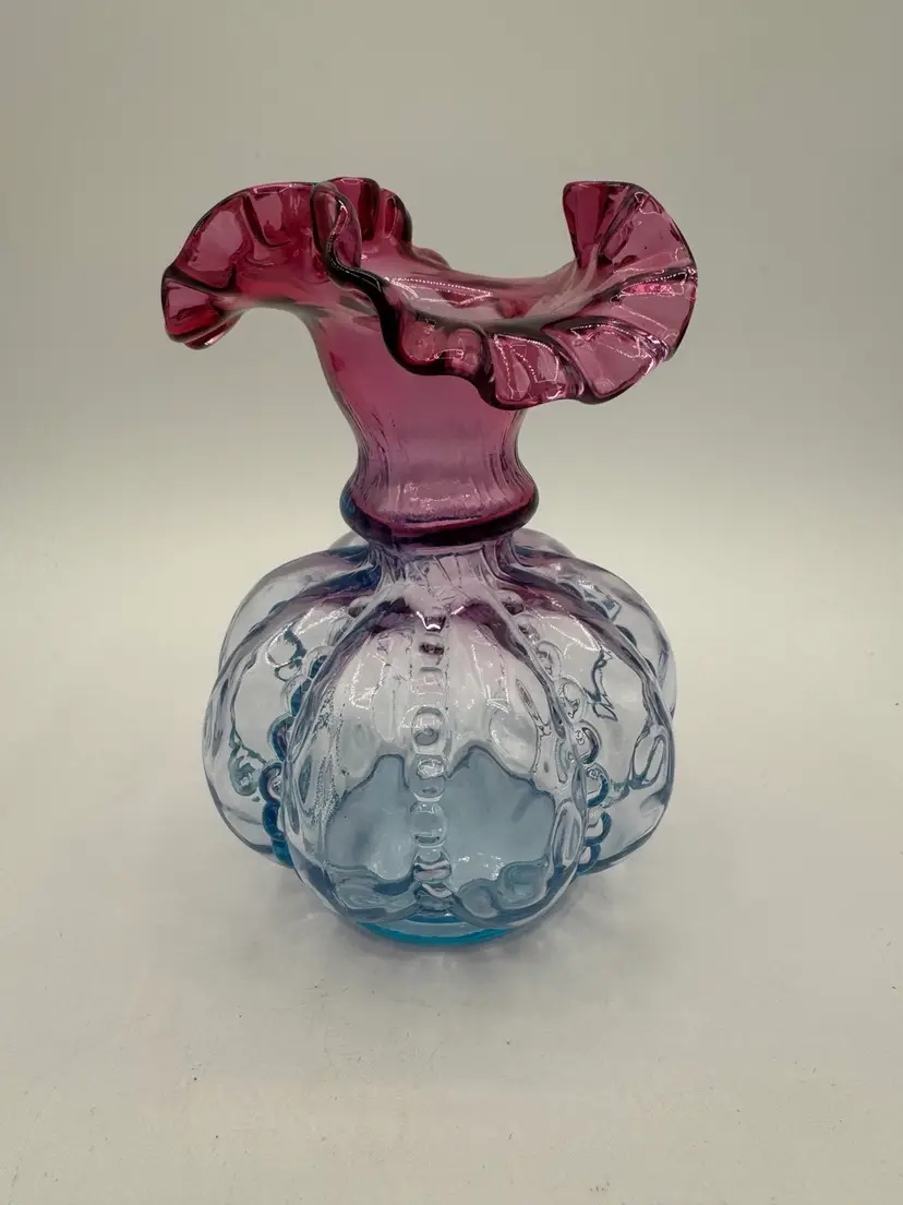 Fenton Art Glass Beaded Mulberry Crimped Vase