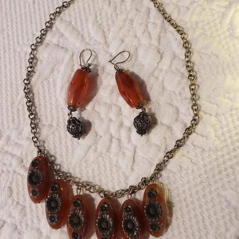 1940s Necklace and Earring Set, Amber Glass Beads, Sunflowers, Floral, Retro Boho Vibe