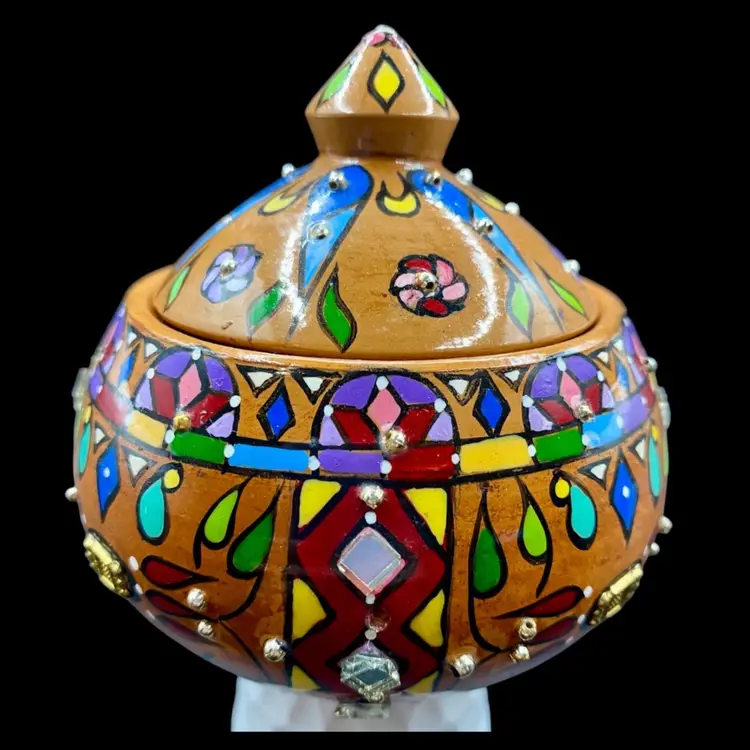 Fancy Decorated Clay Covered Bowl/Trinket Jar from India, Colorful & Ornamented