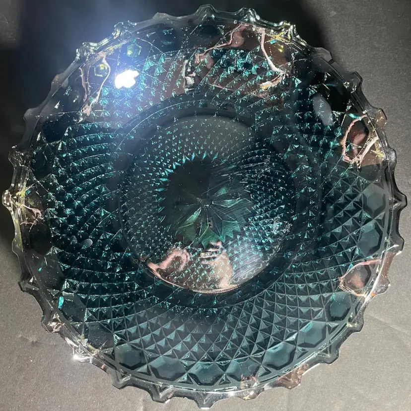 Indiana Carnival Glass 10" Dish Plate Blue Iridescent Ruffle Edge Star Burst