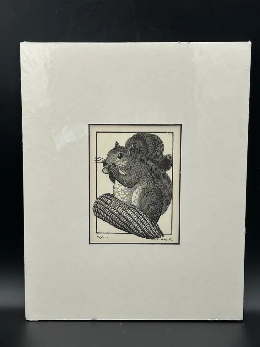 Maine Artist A C Kulik Signed & Numbered Wood Engraving Print Squirrel Eating Corn