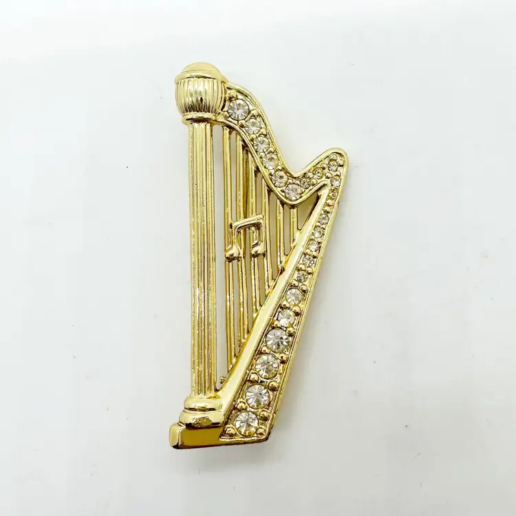 Vintage Danecraft Brooch Gold Tone Music Harp Instrument Crystal Accent Signed 2.5"H B25