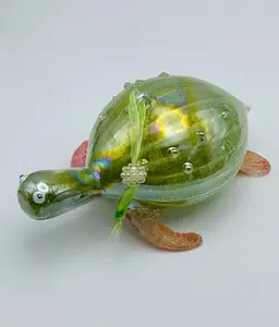 Pier 1, Hand Blown, Art Glass Sea Turtle Ornament Coastal Christmas Iridescent Green Orange/Pink Glitter