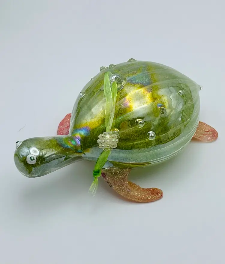 Pier 1, Hand Blown, Art Glass Sea Turtle Ornament Coastal Christmas Iridescent Green Orange/Pink Glitter