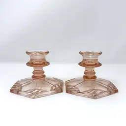 Pink Art Deco Glass Taper Holders, Vintage Pair with Hexagonal Etched Bases  (0030-26)