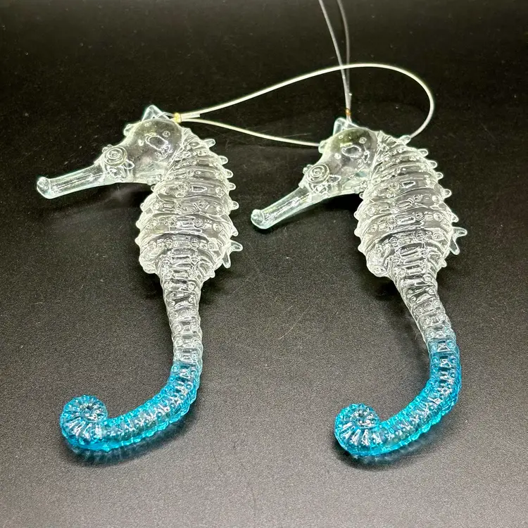 Pair Set Of 2 Seahorse Clear & Blue Plastic Ornaments Decorations
