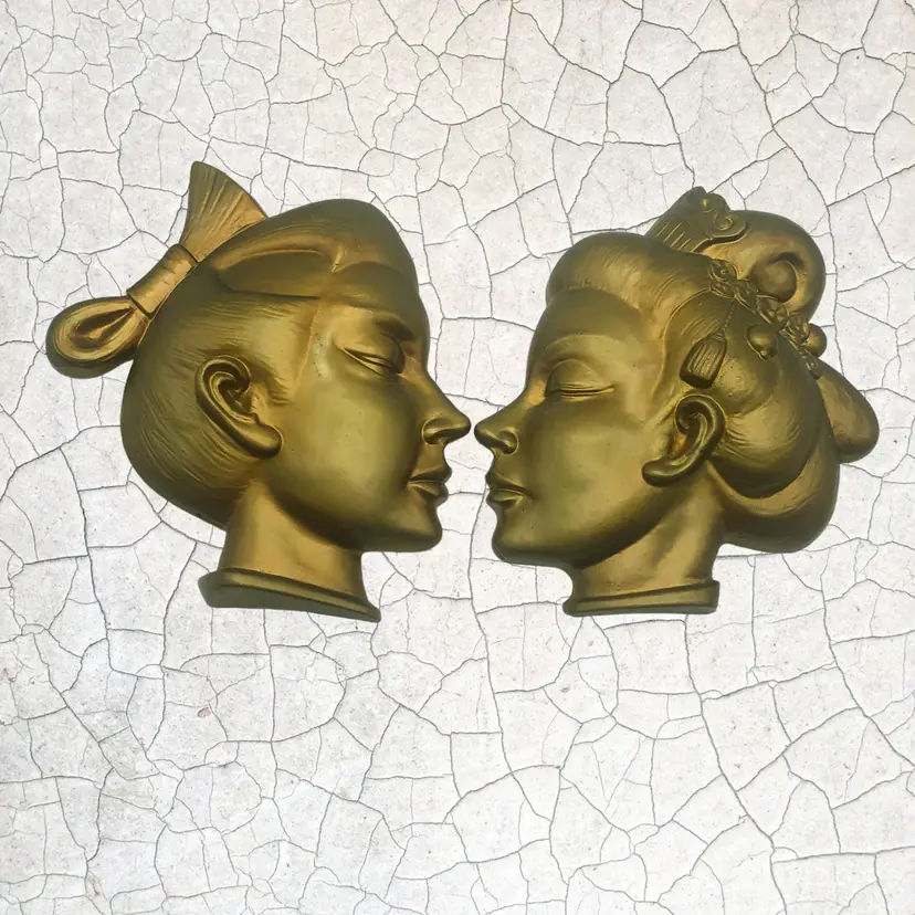 Japanese Samurai & Lady Silhouette Heads 1940/1950s 6.5" x 5.5" Wall Plaques Mid Century