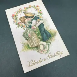 “Valentine Greeting” Floral Heart Frame Happy Couple Kiss Antique Valentine Postcard, Postmarked 1908