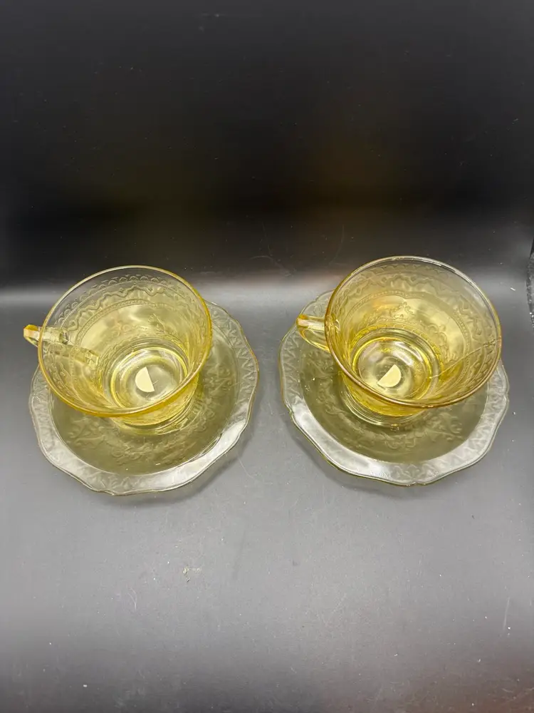 Pair Of Federal Glass “Patrician” Yellow Depression Glass Teacups And Saucers.