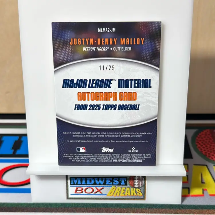 Justin-Henry Malloy RC 11/25 Major League Material Relic Player Worn Detroit Tigers