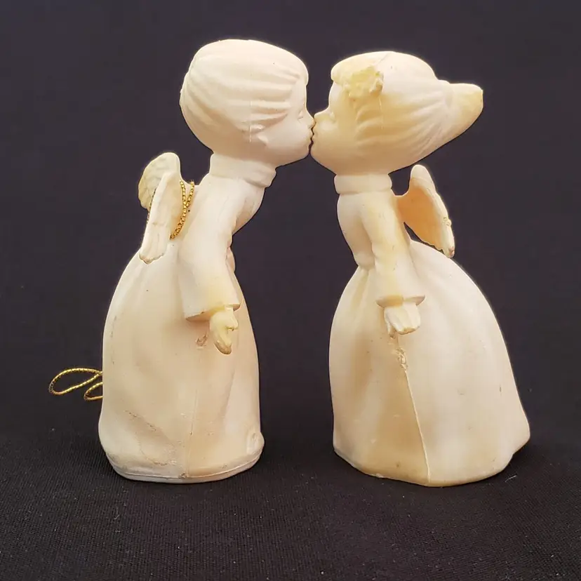 Kissing Christmas Angel Pair Napcoware Bisque Porcelain 3 1/8" Tall Vintage