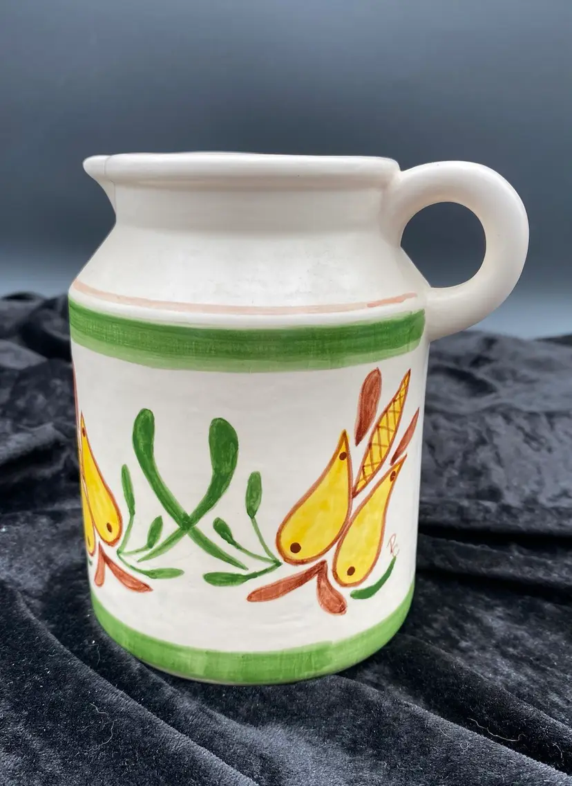 Vintage Hand-Painted Small Ceramic Pitcher, Artist Signed, Amish Style