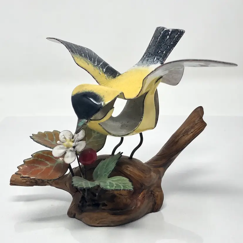 Brumm Enamel on Copper Goldfinch and Wild Strawberry on Burl Wood