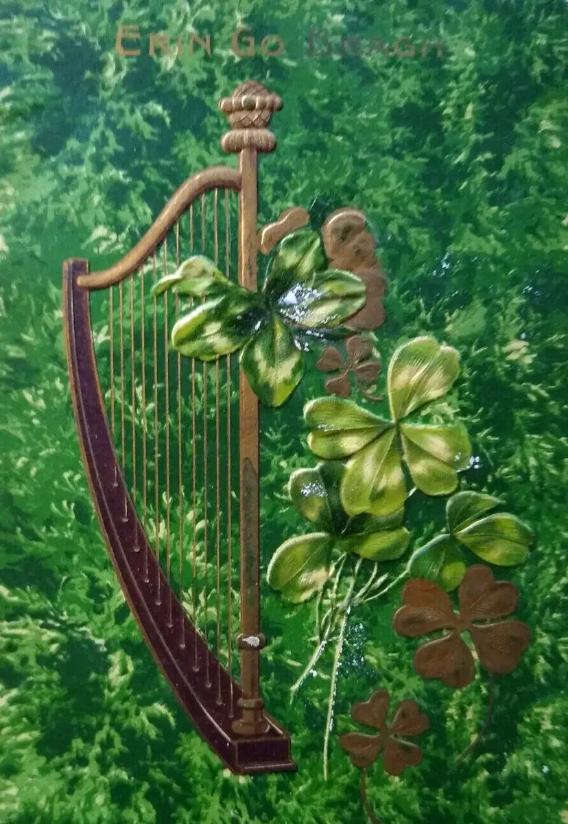 St Patricks Day Postcard Erin Go Bragh Golden Harp Clovers John Winsch Back 1909