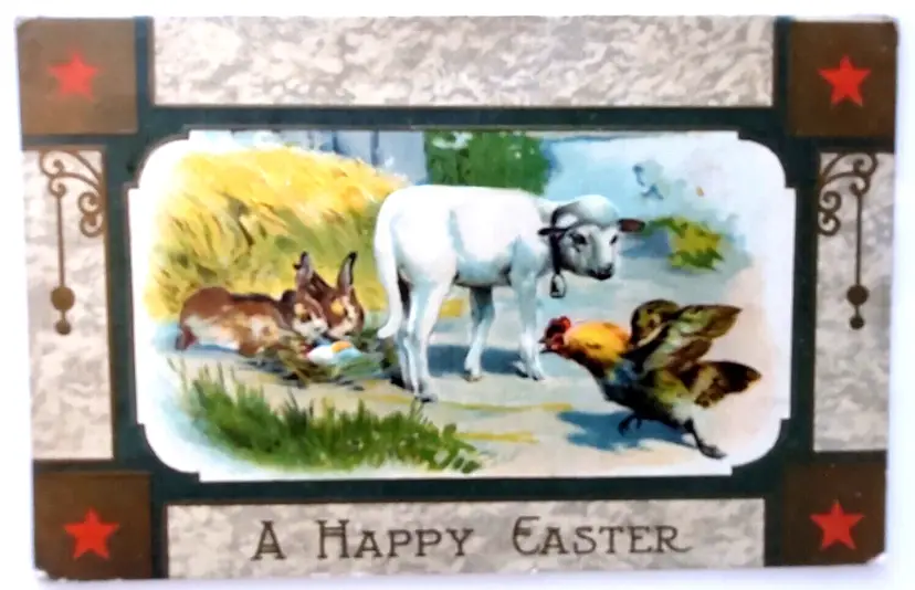 Easter Postcard Rabbits Sheep Rooster Painted Eggs Farm Land 1909 Vintage