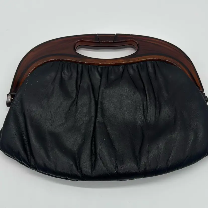 Handbag Vintage Mardane Black Faux Leather Clutch with Bakelite Handle 12”W
