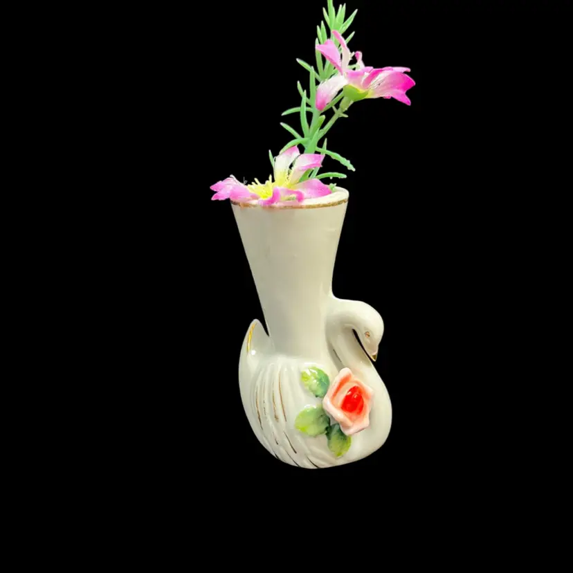 Made in Japan-Small Swan Bud Vase w/ 3D Rose, Gold Gilding Tastefully Applied!