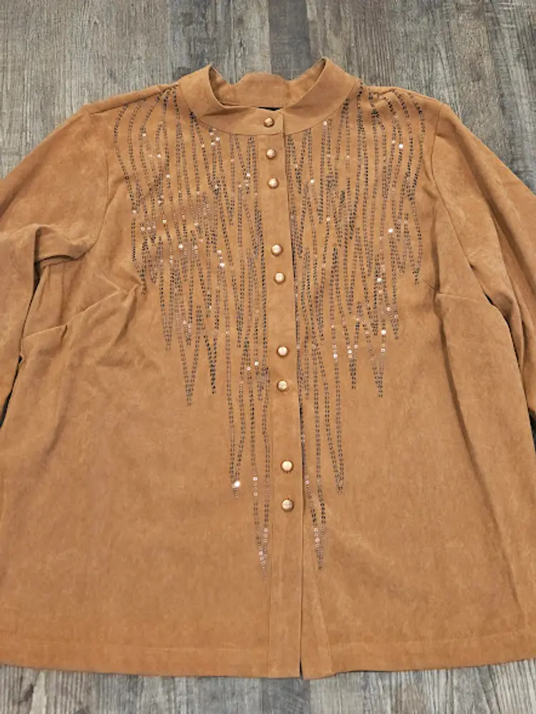 Bob Mackie VTG Blouse Women 1X Tan Suede Western Sequin Wearable Art Button Up