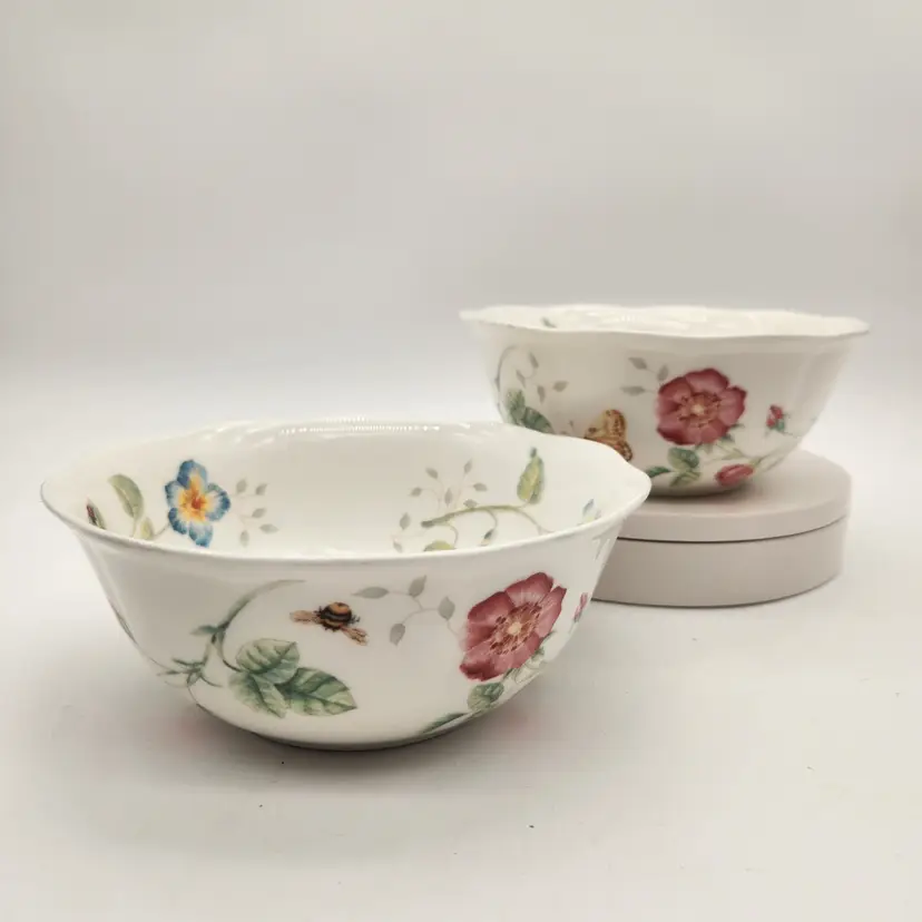 2 Lenox Butterfly Meadow Louise LeLuyer Scalloped Dessert Bowls Porcelain Floral