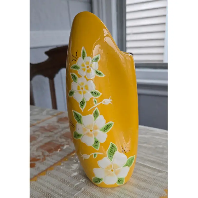 Yellow Ceramic Vase with Hand Painted Dogwood Flowers, 1973, Modern, 7.5" Tall