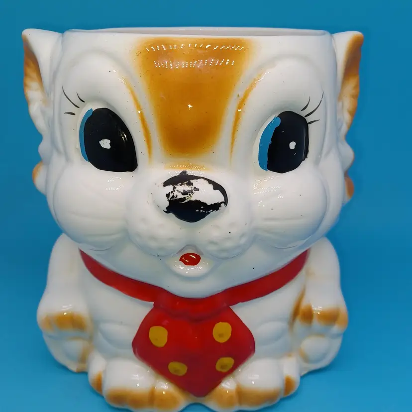 Vintage 1950s Cat Cookie Jar Red Tie Japan no lid Anthropomorphic