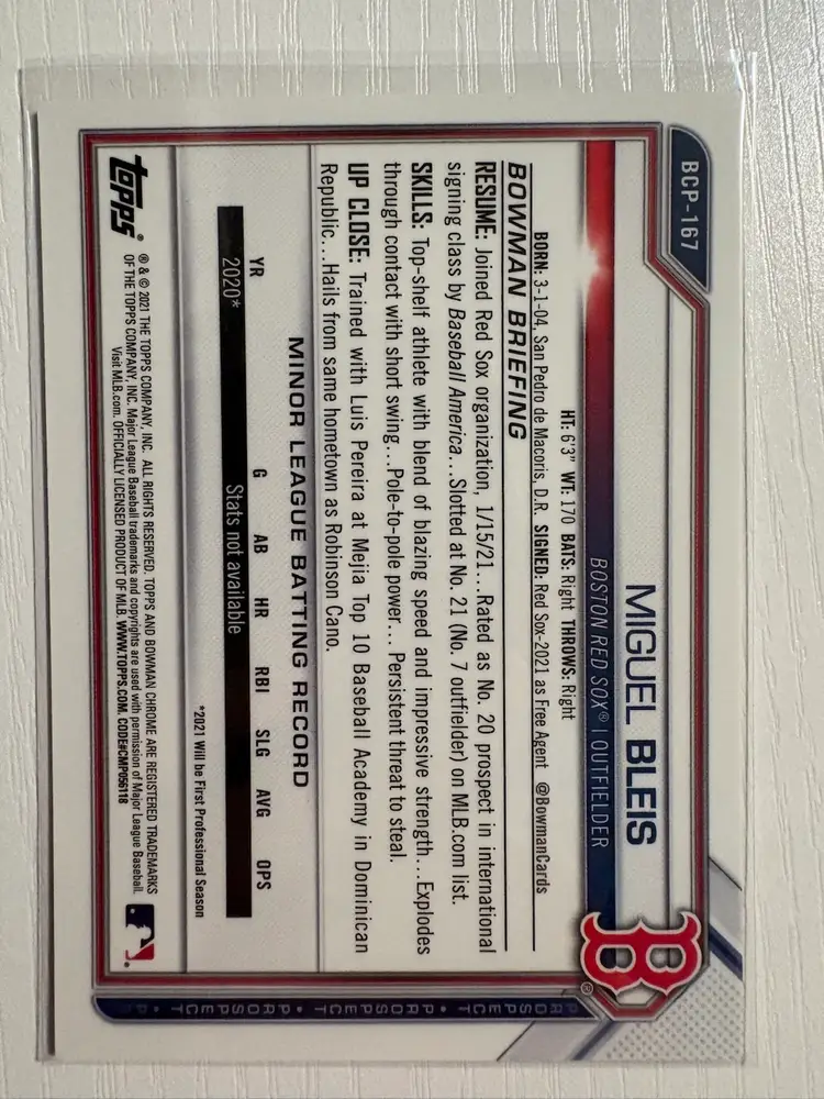 2021 Bowman Chrome Sapphire Miguel Bleis 1st Bowman Yellow Sapphire Refractor /50 Boston Red Sox