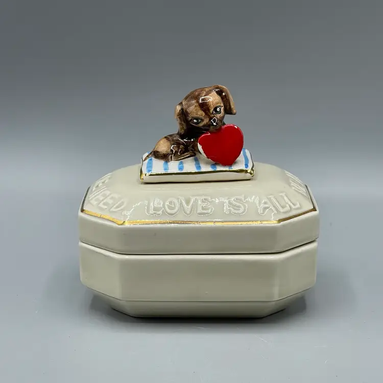 Vintage Enesco Taiwan Puppy Dog Trinket Box “Love Is All We Need” Valentine Heart