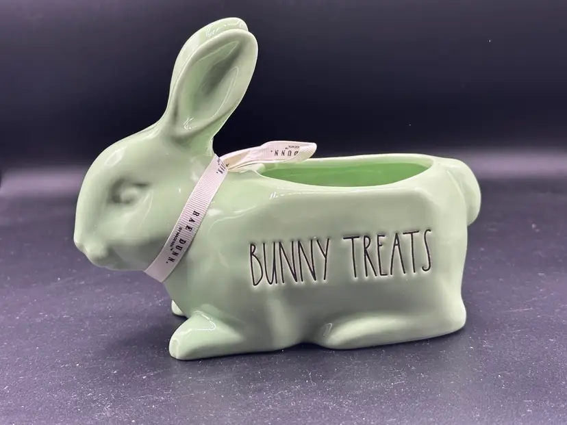 Rae Dunn Easter BUNNY TREATS Ceramic Candy Dish Centerpiece Planter Green