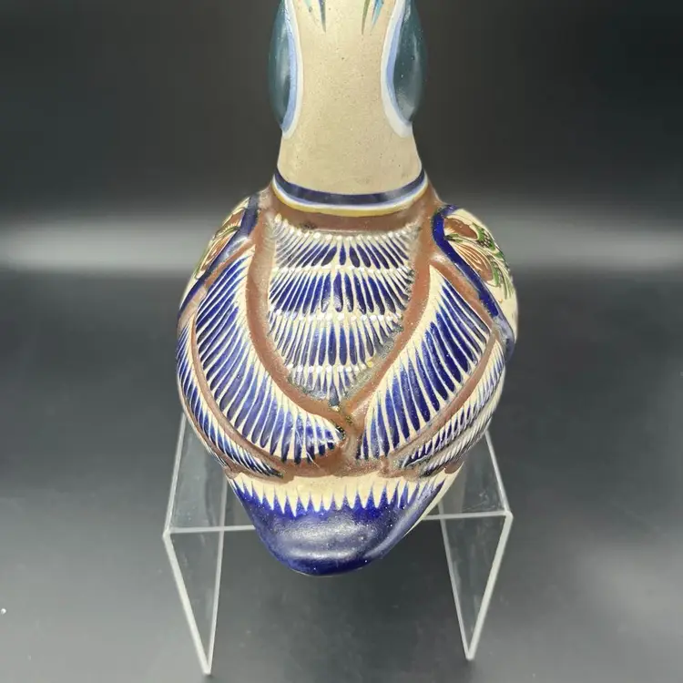 Signed Tonala Mexican Pottery Duck Blue Brown 8” READ