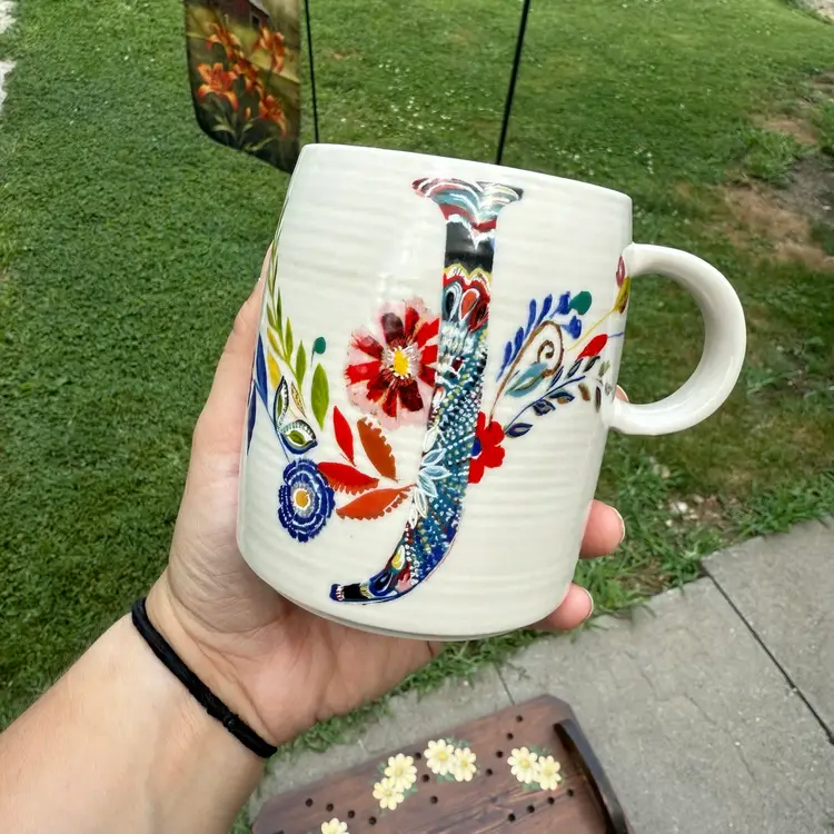 Anthropologie J Initial Floral Coffee Tea Mug Boho Cottagecore