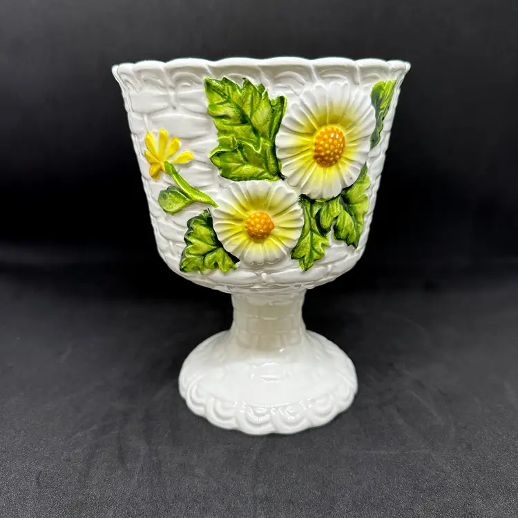 Vtg Lefton Planter Sunflower Basket Weave Flower Garden Retro Kitsch Cottagecore