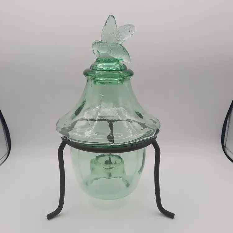 Vintage Bee Wasp Catcher Green Glass with Bee Stopper Iron Stand