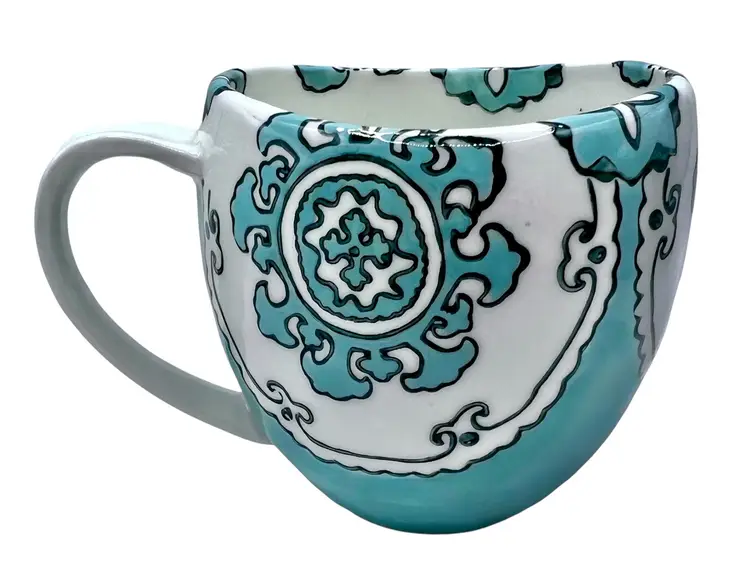 Anthropologie Gloriosa Coffee Tea Mug Mint Aqua Blue Teal White Retired Pattern