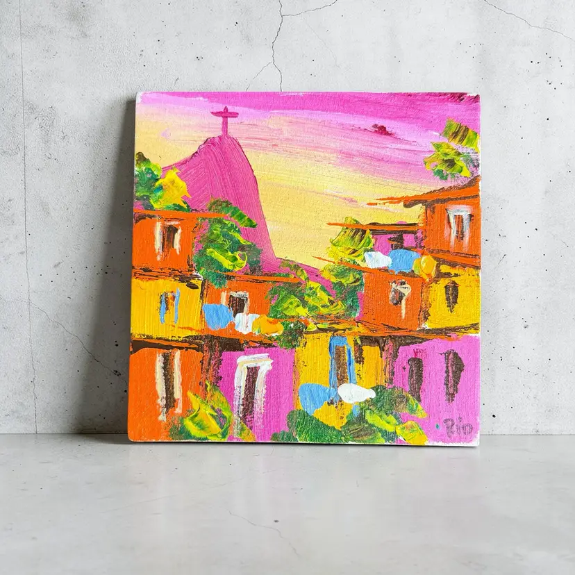 Mini Original Oil Painting Pink Orange Yellow Abstract Signed Rio 5x5 Canvas Art