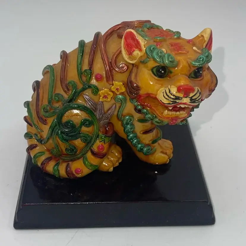 Resin Tiger On Wood / Chinese Year of Tiger 3.5” Hand Painted Colorful Figurine