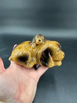 #6 Vintage Laying Brown Dog With Puppy. 3” Tall X 5” Long. Has Crazing