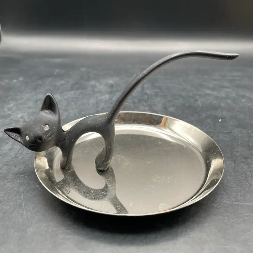 Black Cat Ring Holder/Silver Jewelry Tray