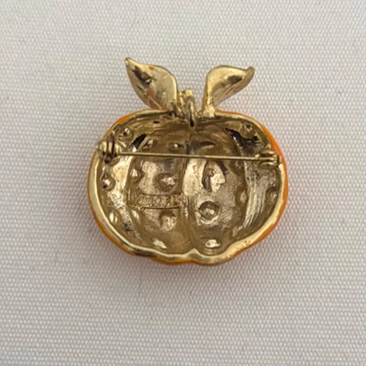 Signed Pumpkin Rhinestone Brooch