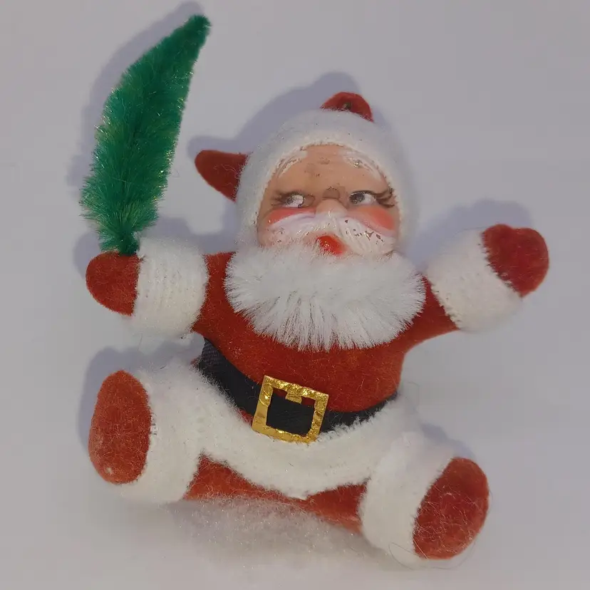 VINTAGE 1960’s Flocked Felt Dancing Santas Plastic Face Ornament Brush Tree