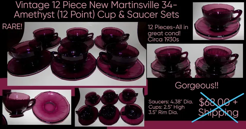 Vintage New Martinsville Purple Amethyst Glass 12 Pc. '12-Point' Cups & Saucers