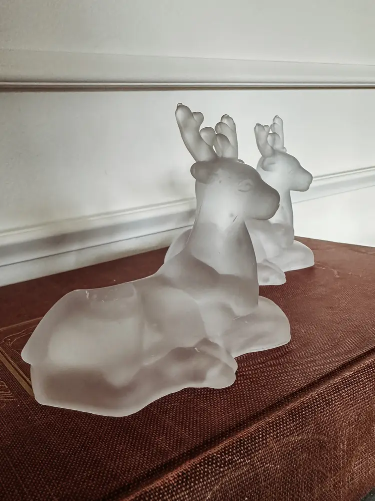 Vintage Set of Two Frosted Crystal Reindeer Candle Holders. 1993 Macy & Co.