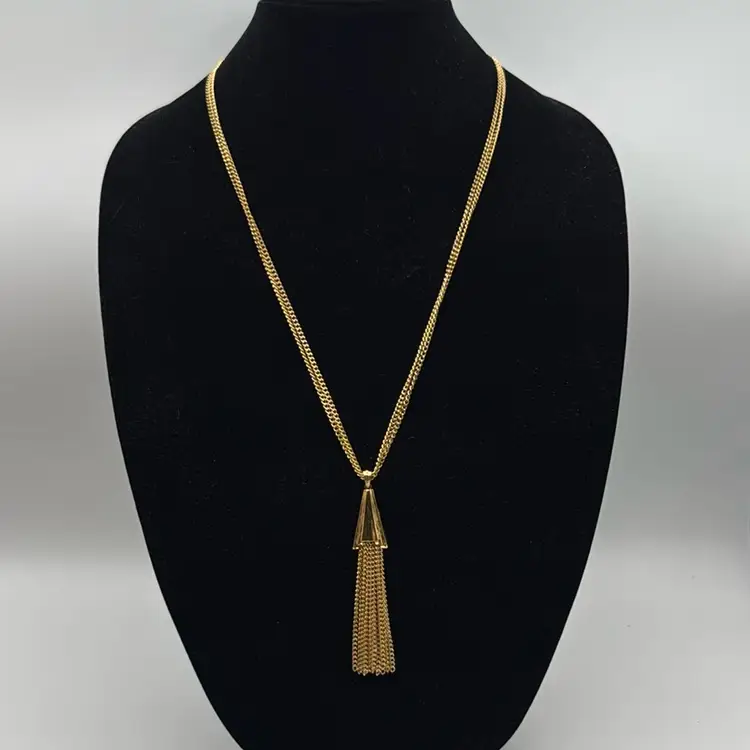 Vintage MCM Monet Signed GoldTone Double Strand 4” Tassle Necklace 24”