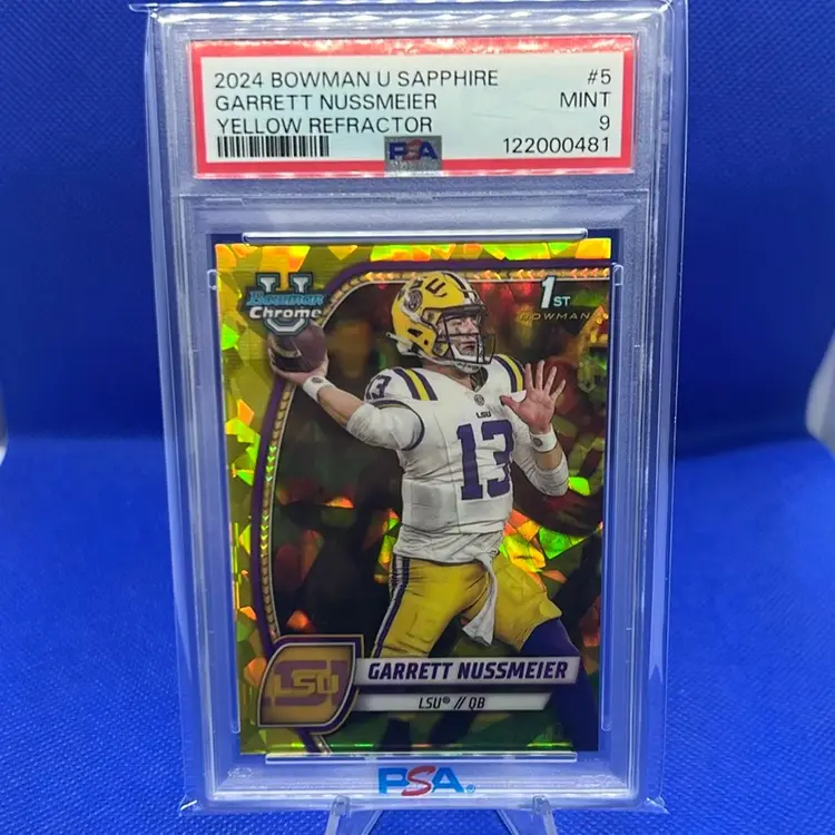 Garrett Nussmeier 2024 Bowman U Sapphire Yellow /75 PSA 9 LSU Tigers