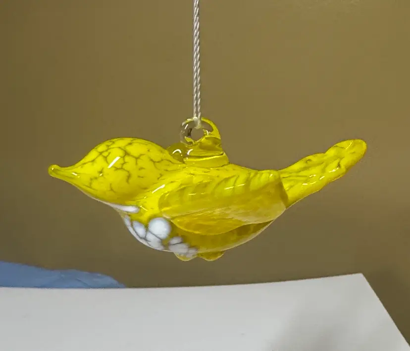 Bird Hanging Ornament yellow and white speckled glass handblown 4” long