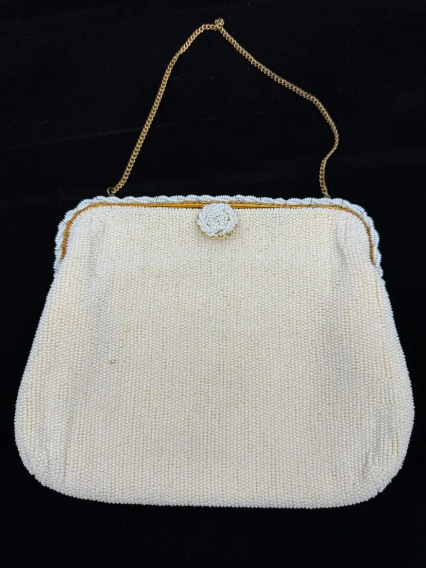 Vintage Evening Bag Handmade Micro-Beaded Ivory Metal Frame Beaded Clasp Belgium