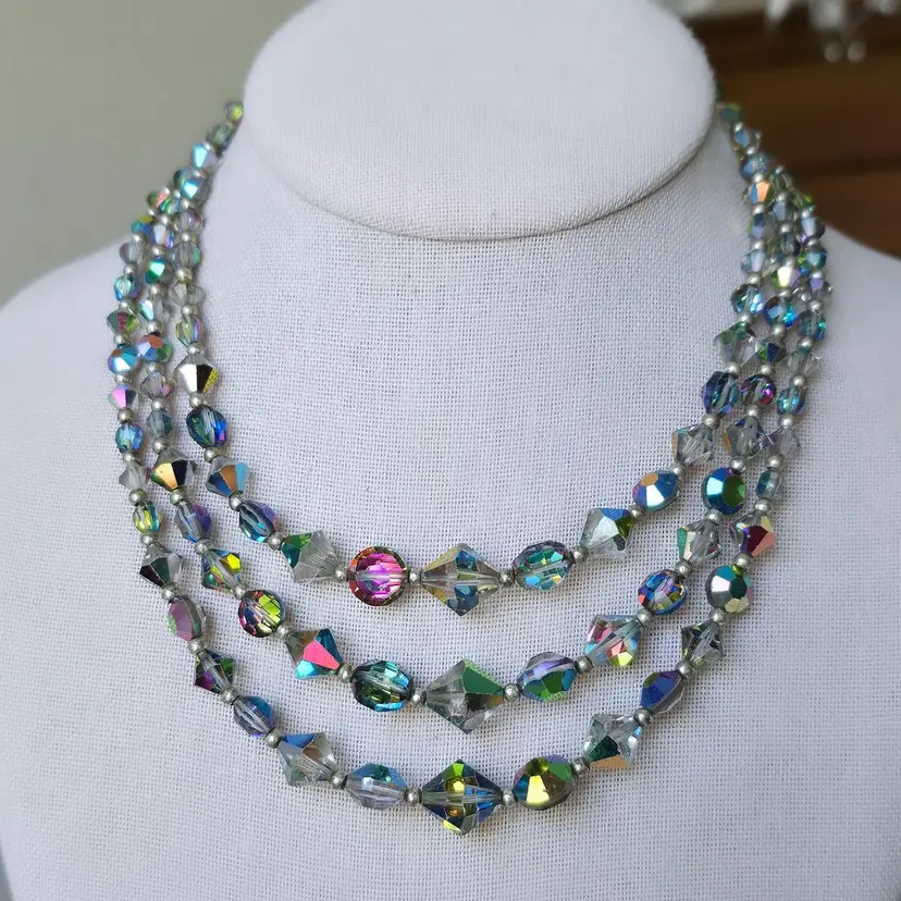 Vintage Aurora Borealis AB Crystal 3 Strand Oil Slick Necklace