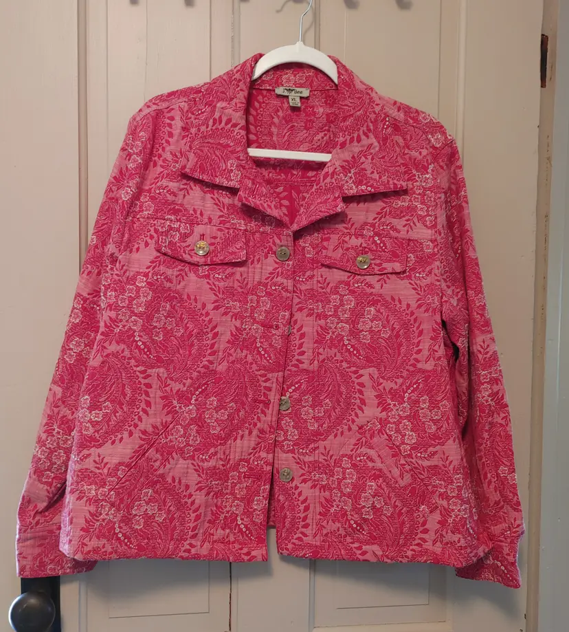 Jacket- Brand: J Bee. Size XL. Red floral jacket. 55% cotton, 45% polyester. No callouts.